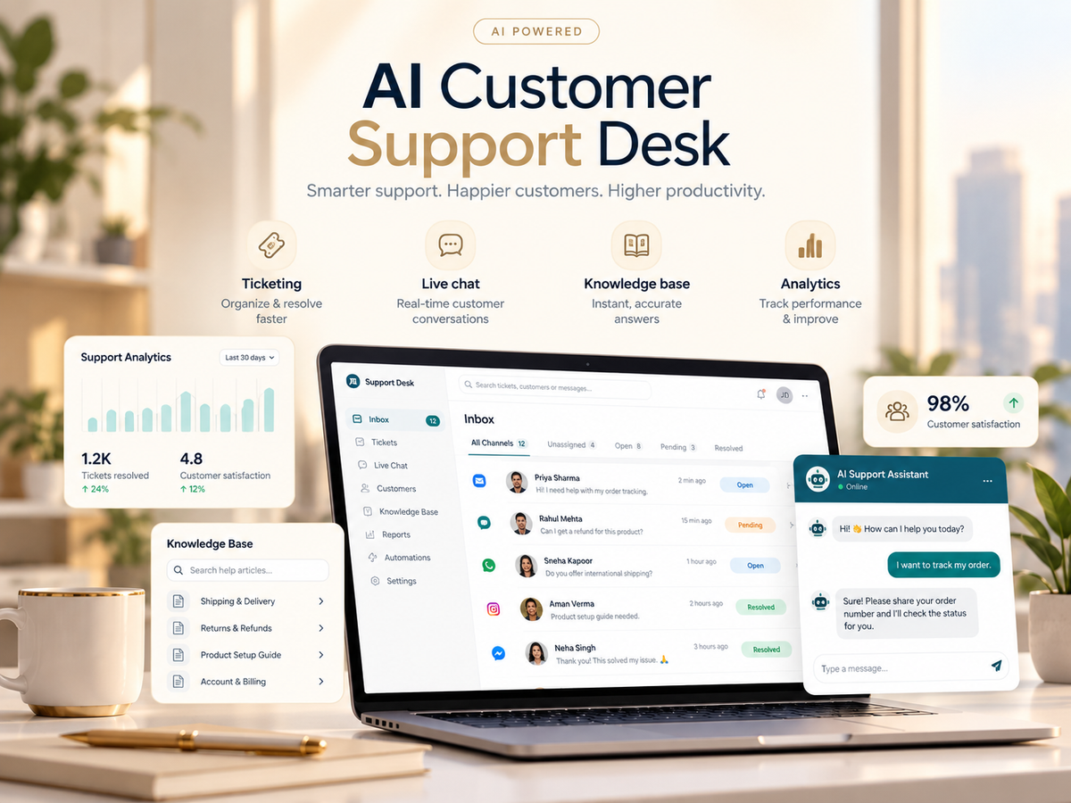 AI Customer Support Desk — professional light HD hero