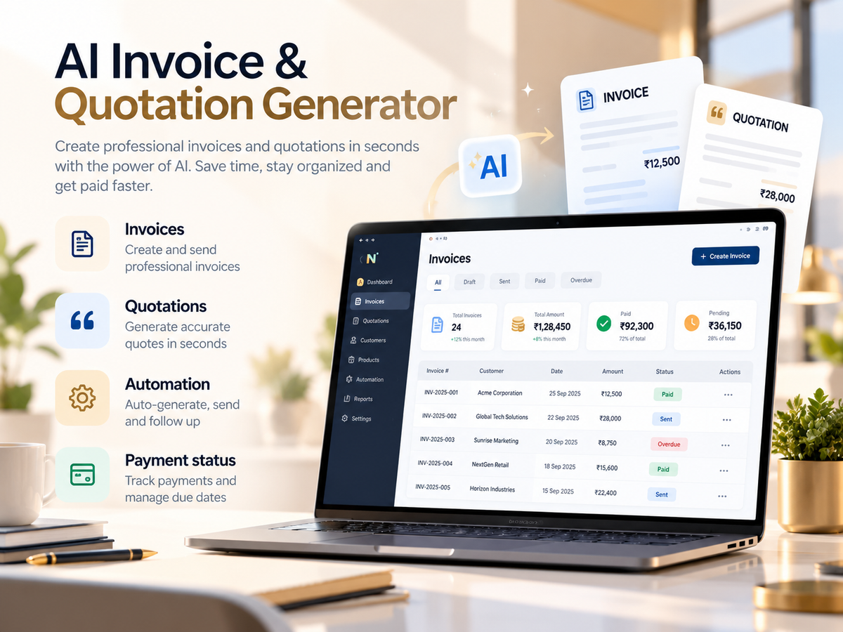 AI Invoice and Quotation Generator — professional light HD hero