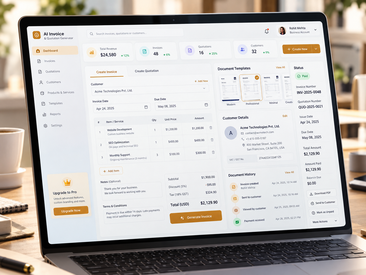AI Invoice & Quotation Generator — invoice creation dashboard