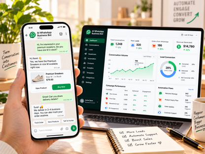 AI WhatsApp Business Bot — mobile conversation and business dashboard